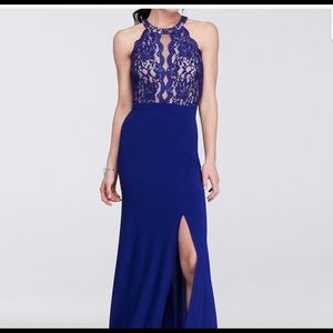 Blue evening gown. With lace